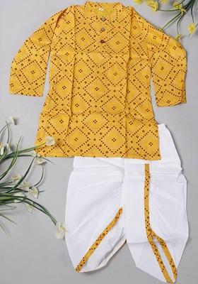 Yellow Printed Blended Kurta Dhoti Set For Boys