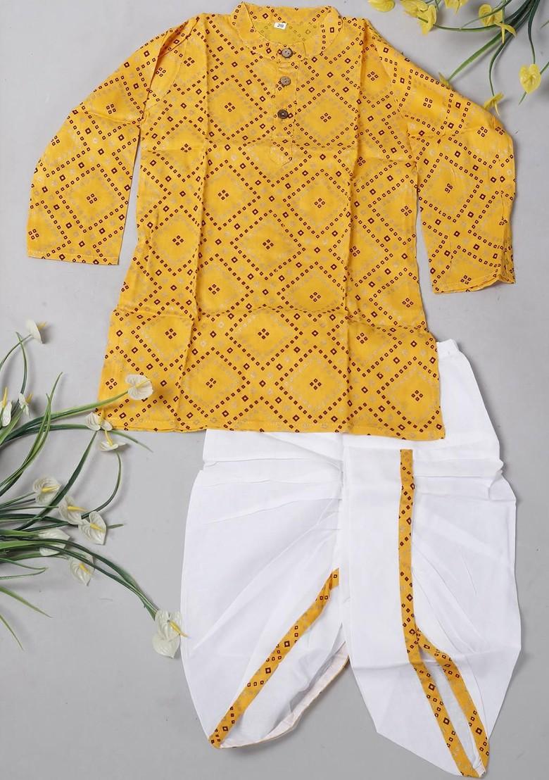 Yellow Printed Blended Kurta Dhoti Set For Boys - Indya