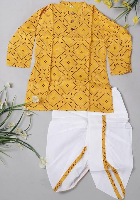 Yellow Printed Blended Kurta Dhoti Set For Boys — view on Indya
