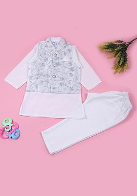 White Embroidered Blended Nehru Jacket Set For Boys