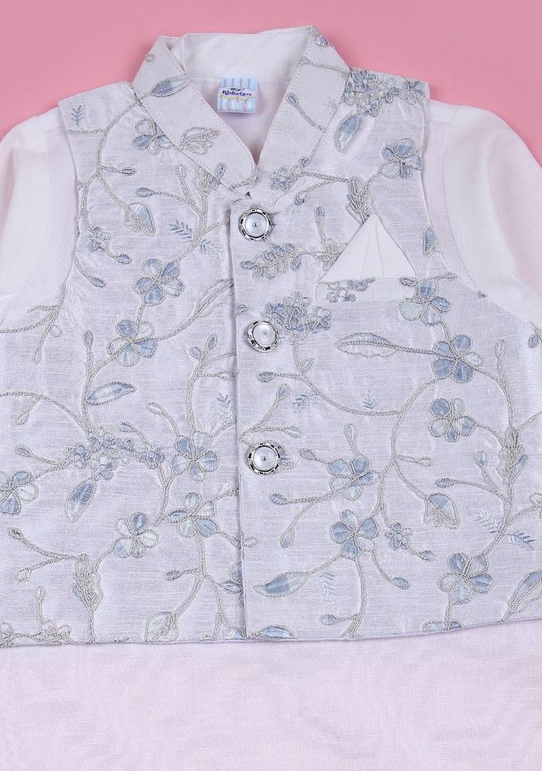 White Embroidered Blended Nehru Jacket Set For Boys - Indya