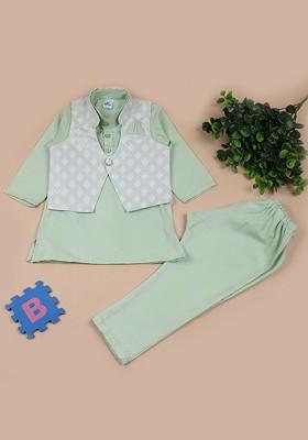 Green Embroidered Blended Kurta Set For Boys