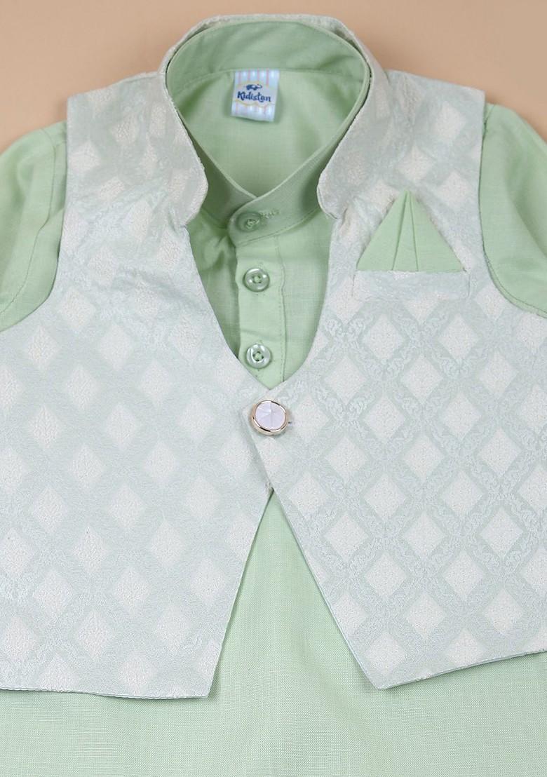 Green Embroidered Blended Kurta Set For Boys - Indya