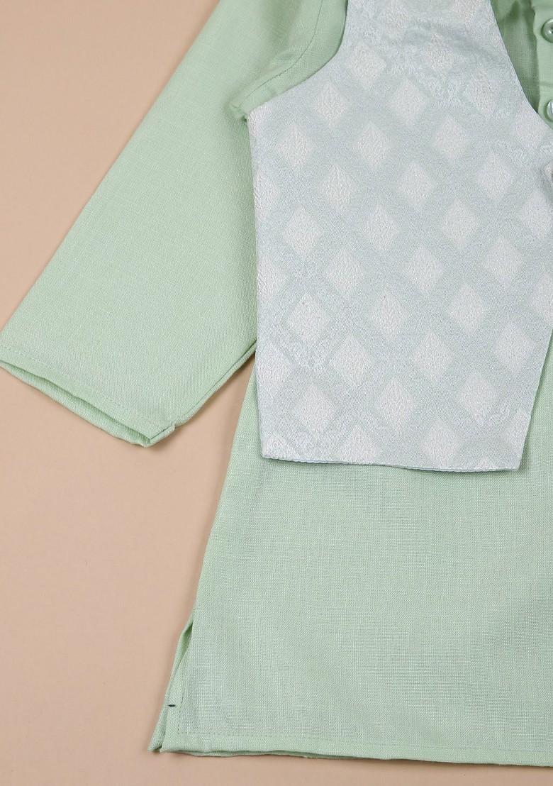 Green Embroidered Blended Kurta Set For Boys - Indya