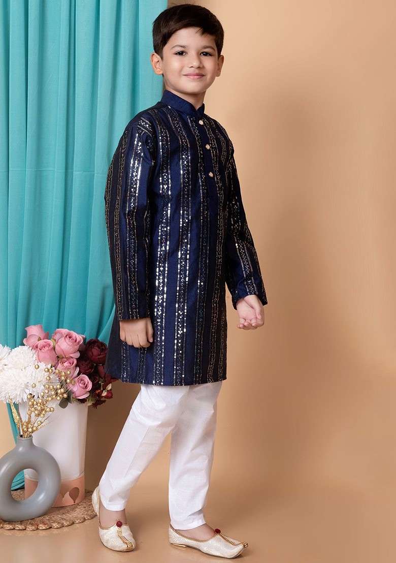 Navy Blue Striped Blended Kurta Set For Boys - Indya