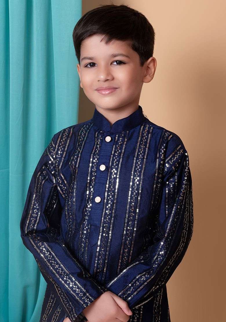 Navy Blue Striped Blended Kurta Set For Boys - Indya