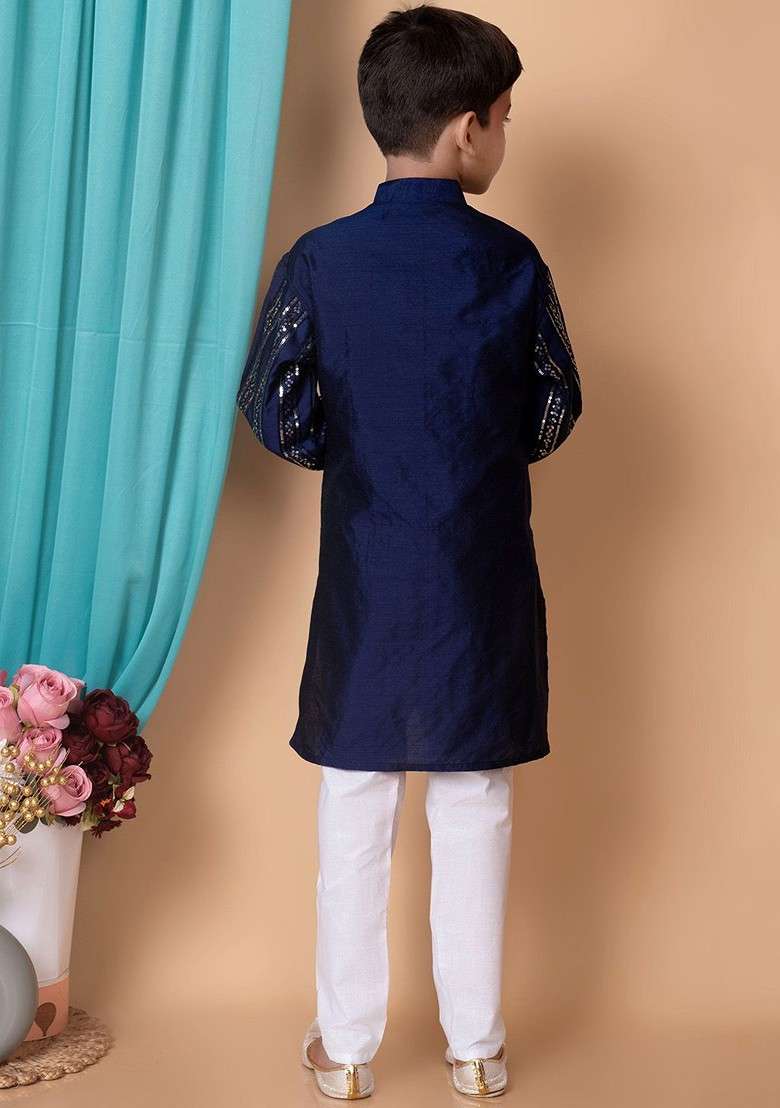 Navy Blue Striped Blended Kurta Set For Boys - Indya