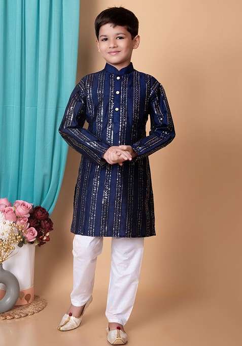 Navy Blue Striped Blended Kurta Set For Boys