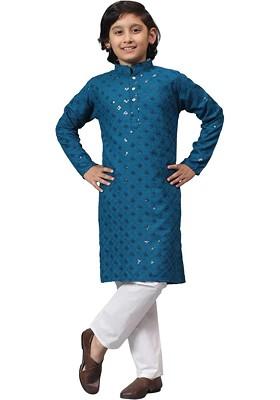 Blue Self Design Blended Kurta Set For Boys