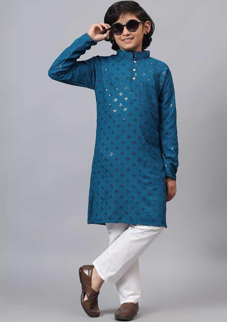 Blue Self Design Blended Kurta Set For Boys - Indya