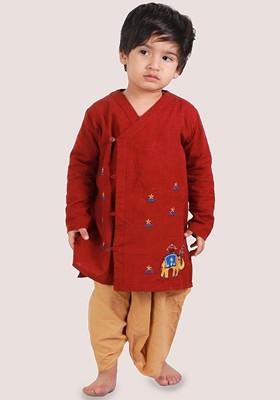 Red Embroidered Blended Kurta Dhoti Set For Boys