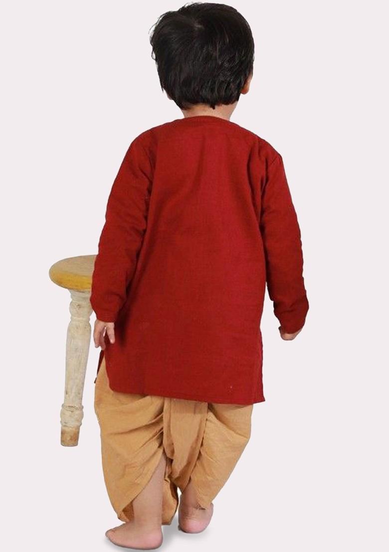 Red Embroidered Blended Kurta Dhoti Set For Boys - Indya