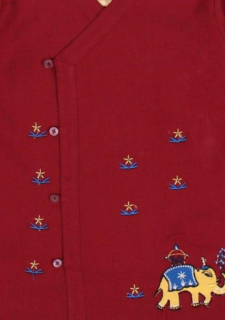 Red Embroidered Blended Kurta Dhoti Set For Boys - Indya