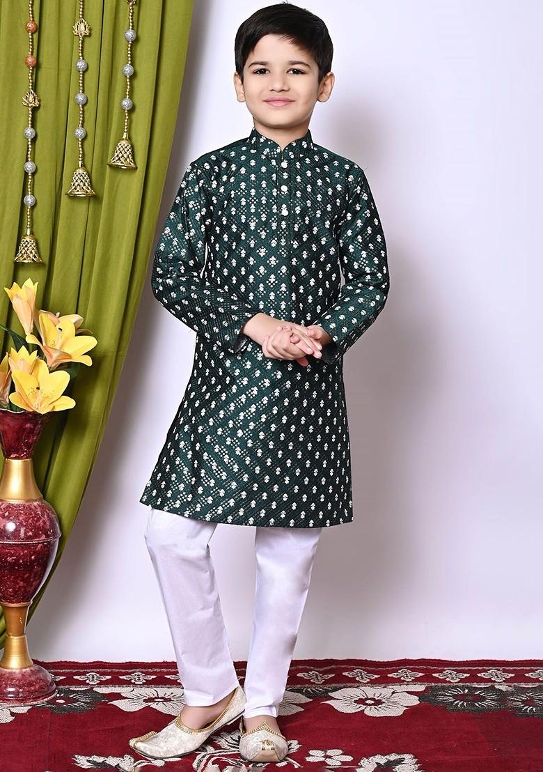 Green Embroidered Silk Kurta Set For Boys - Indya