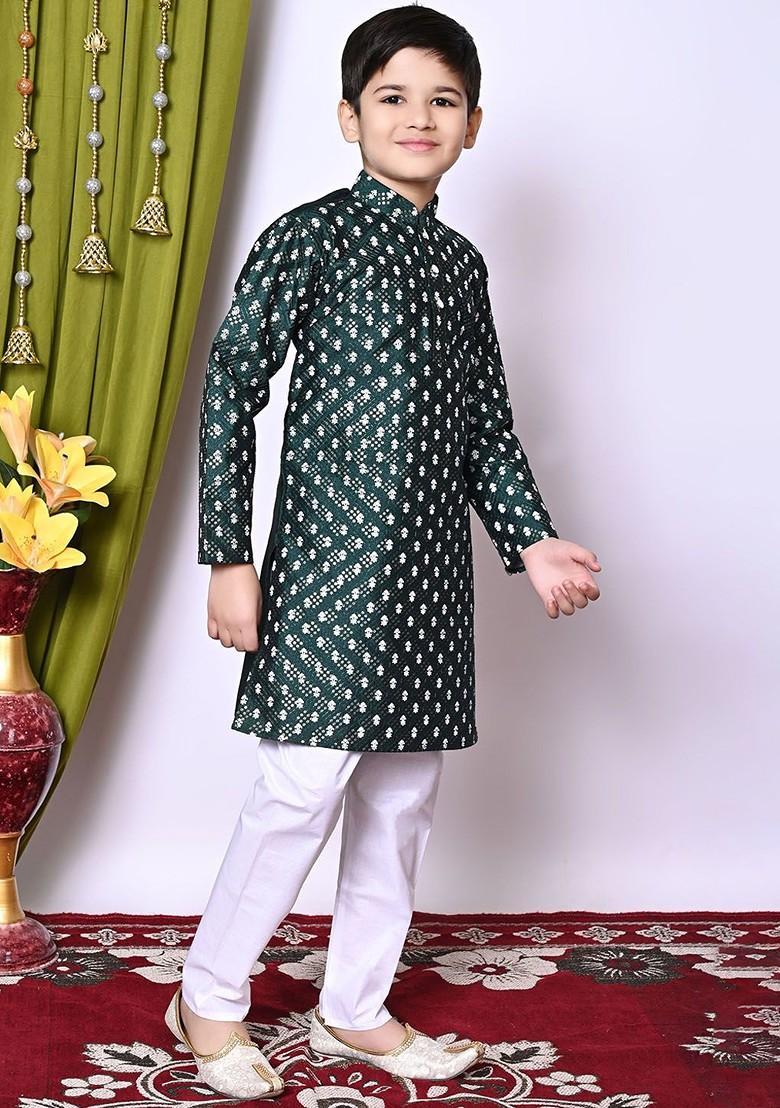 Green Embroidered Silk Kurta Set For Boys - Indya