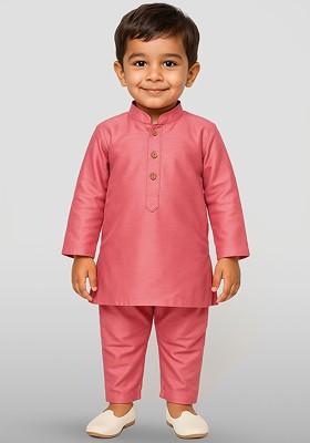 Pink Embroidered Blended Kurta Set For Boys