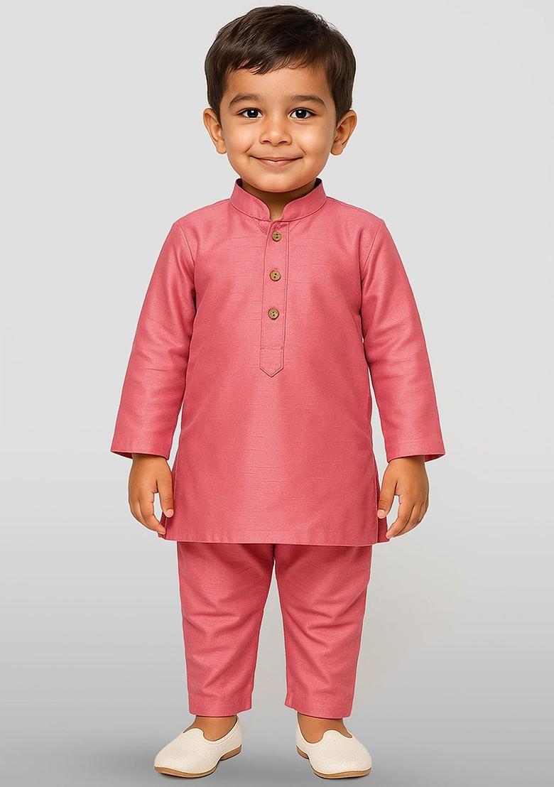 Pink Embroidered Blended Kurta Set For Boys - Indya