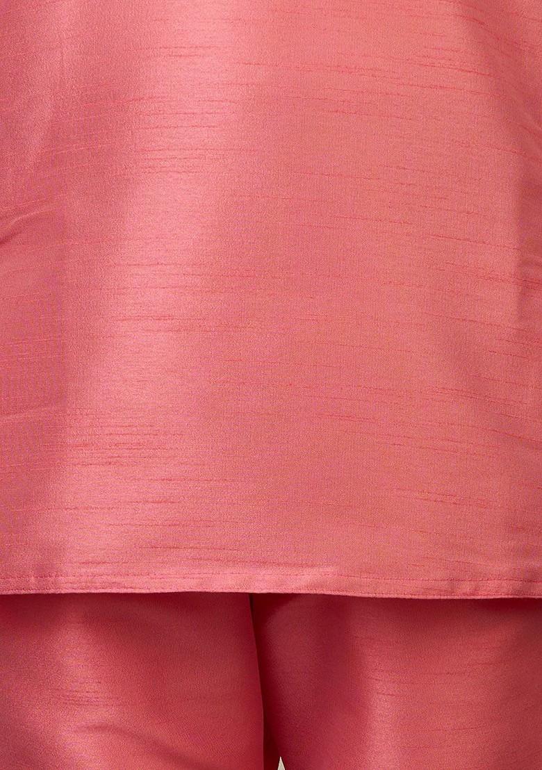 Pink Embroidered Blended Kurta Set For Boys - Indya