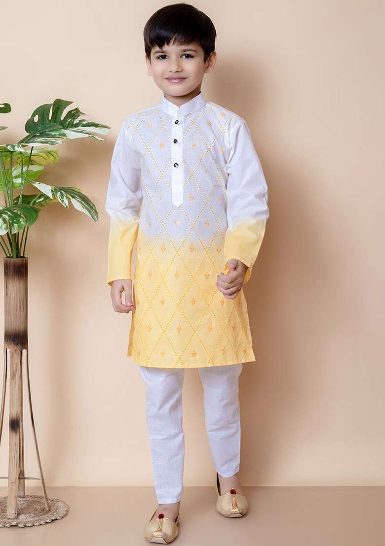 White Embroidered Cotton Kurta Set For Boys - Indya