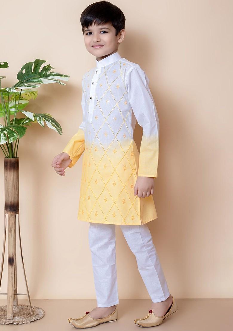 White Embroidered Cotton Kurta Set For Boys - Indya