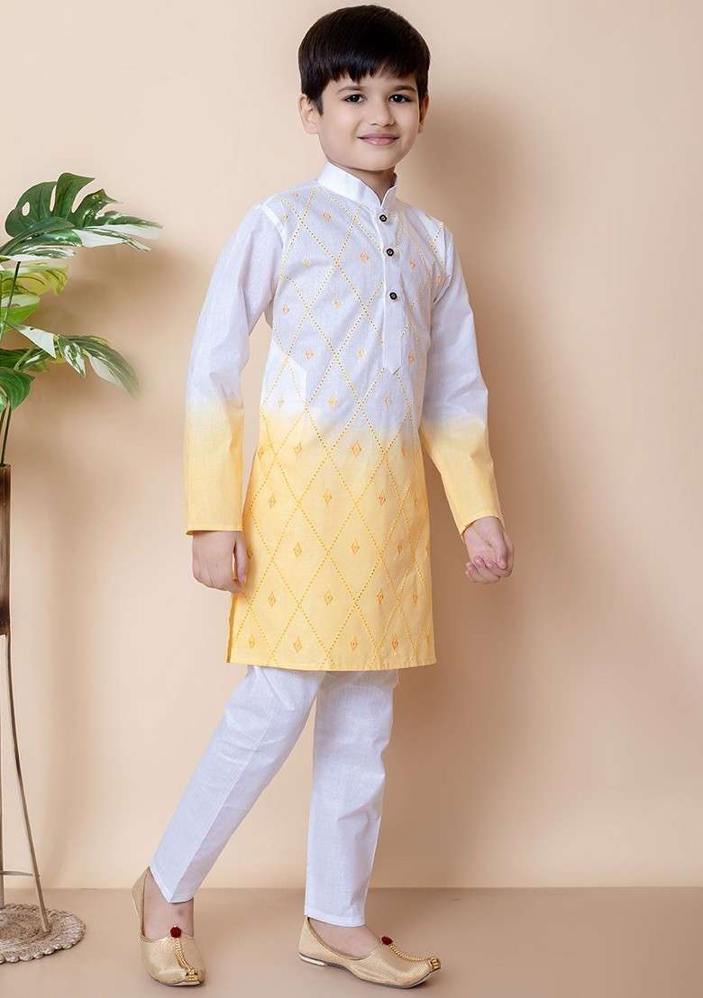 White Embroidered Cotton Kurta Set For Boys - Indya