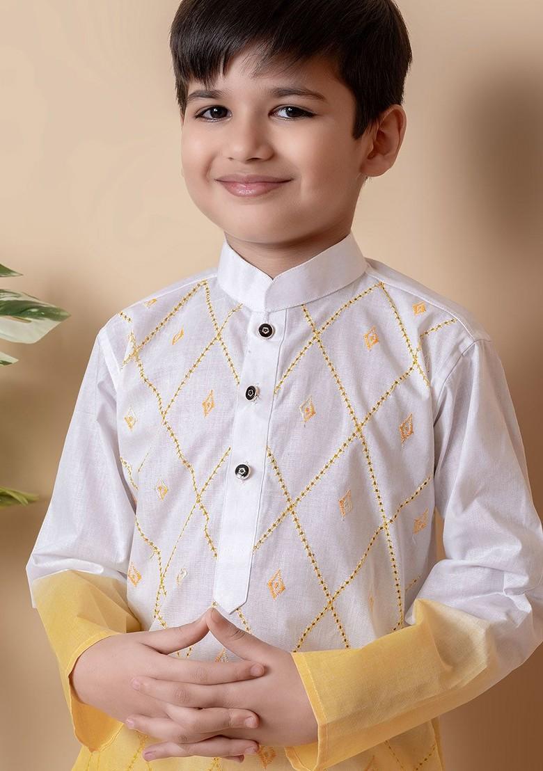 White Embroidered Cotton Kurta Set For Boys - Indya