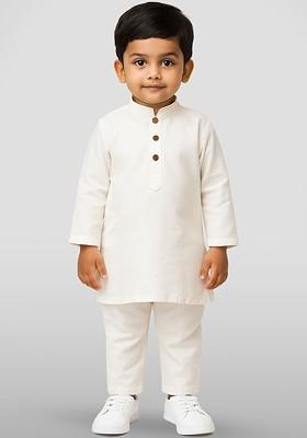 White Embroidered Blended Kurta Set For Boys