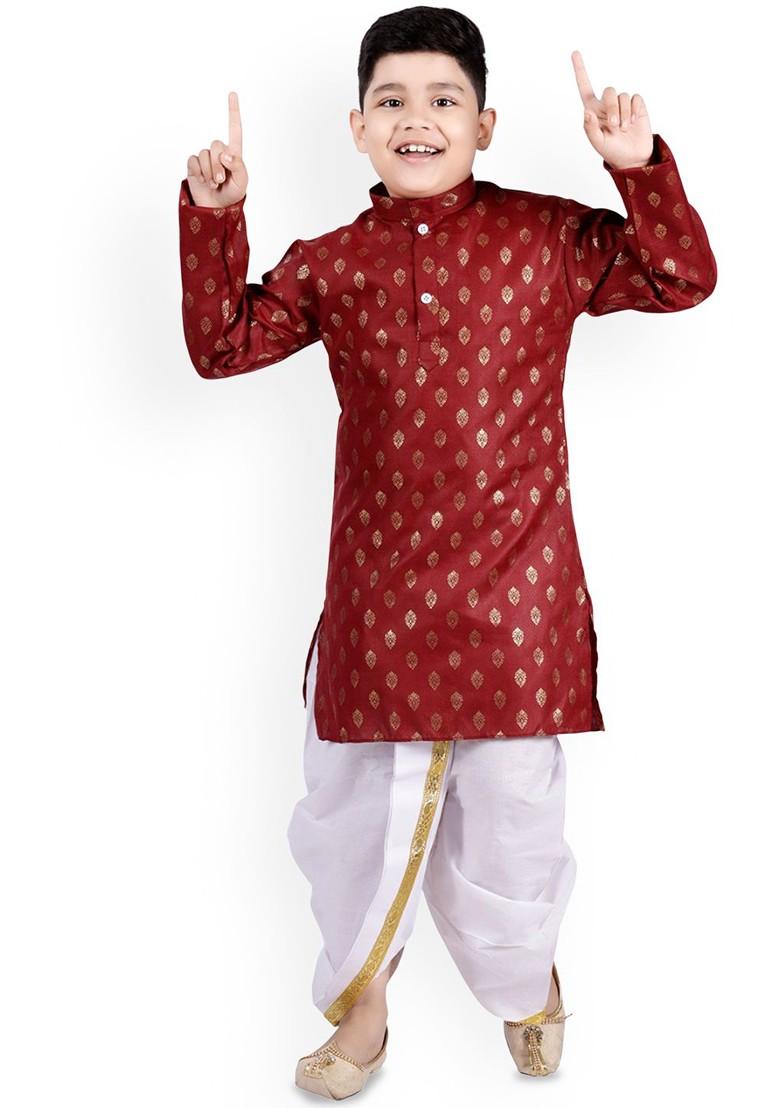 Maroon Printed Blended Kurta Dhoti Set For Boys - Indya