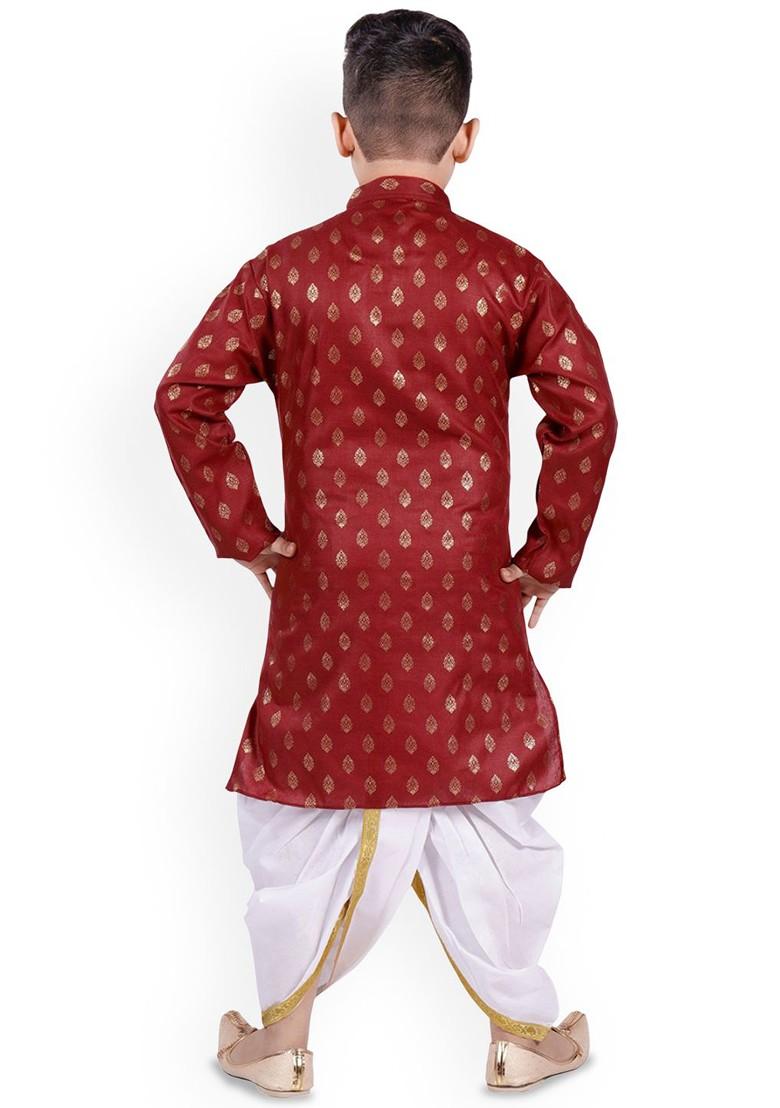 Maroon Printed Blended Kurta Dhoti Set For Boys - Indya