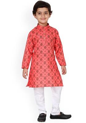 Pink Printed Cotton Kurta Set For Boys