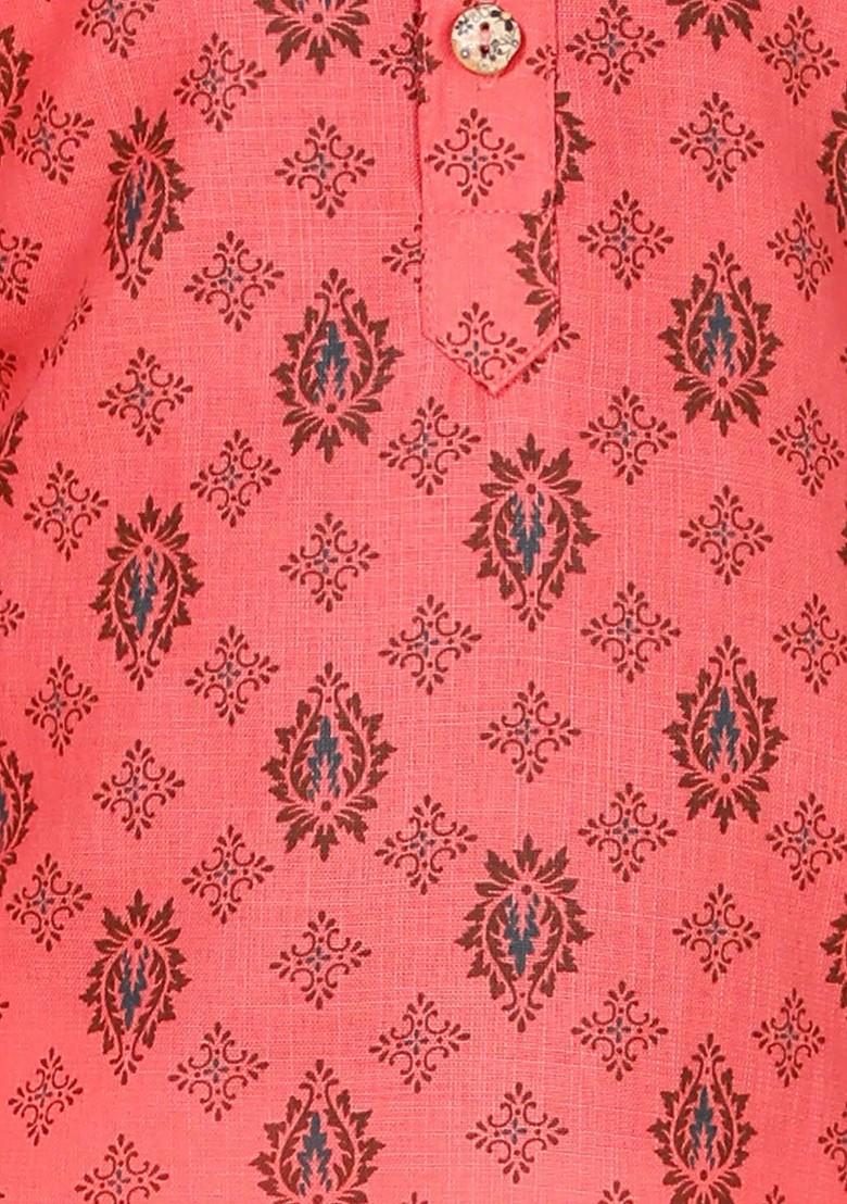 Pink Printed Cotton Kurta Set For Boys - Indya