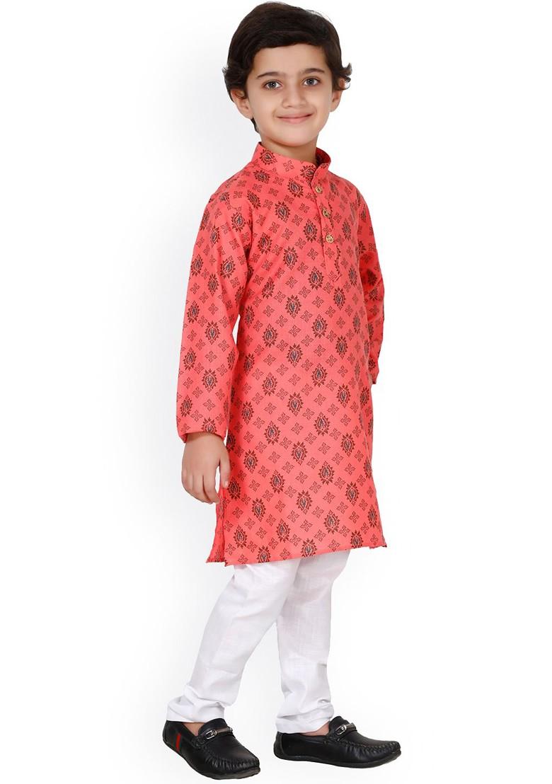 Pink Printed Cotton Kurta Set For Boys - Indya