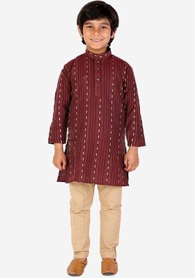 Maroon Embroidered Cotton Kurta Set For Boys