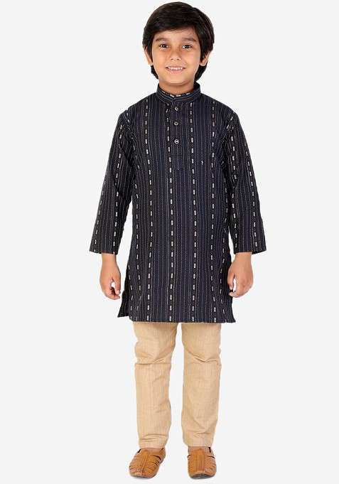 Black Embroidered Cotton Kurta Set For Boys