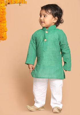 Green Embroidered Cotton Kurta Set For Boys