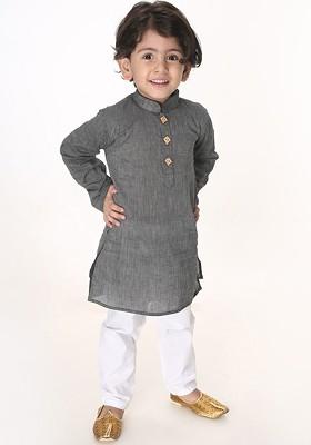 Black Embroidered Cotton Kurta Set For Boys