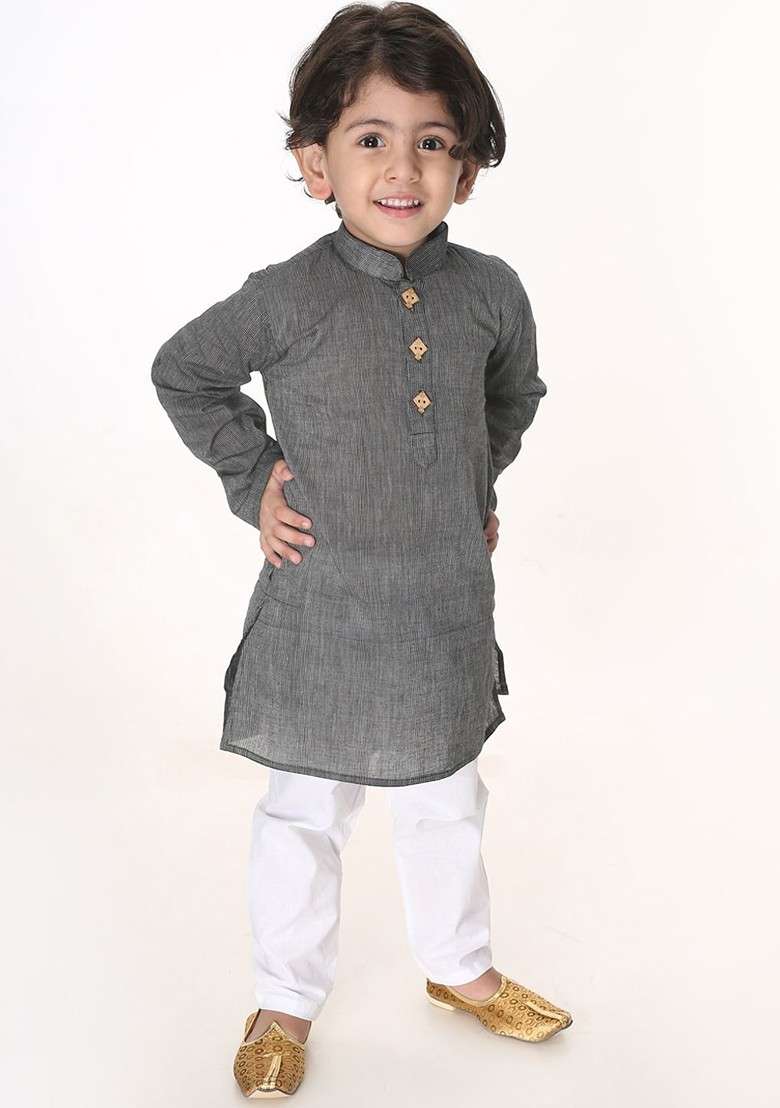 Black Embroidered Cotton Kurta Set For Boys - Indya