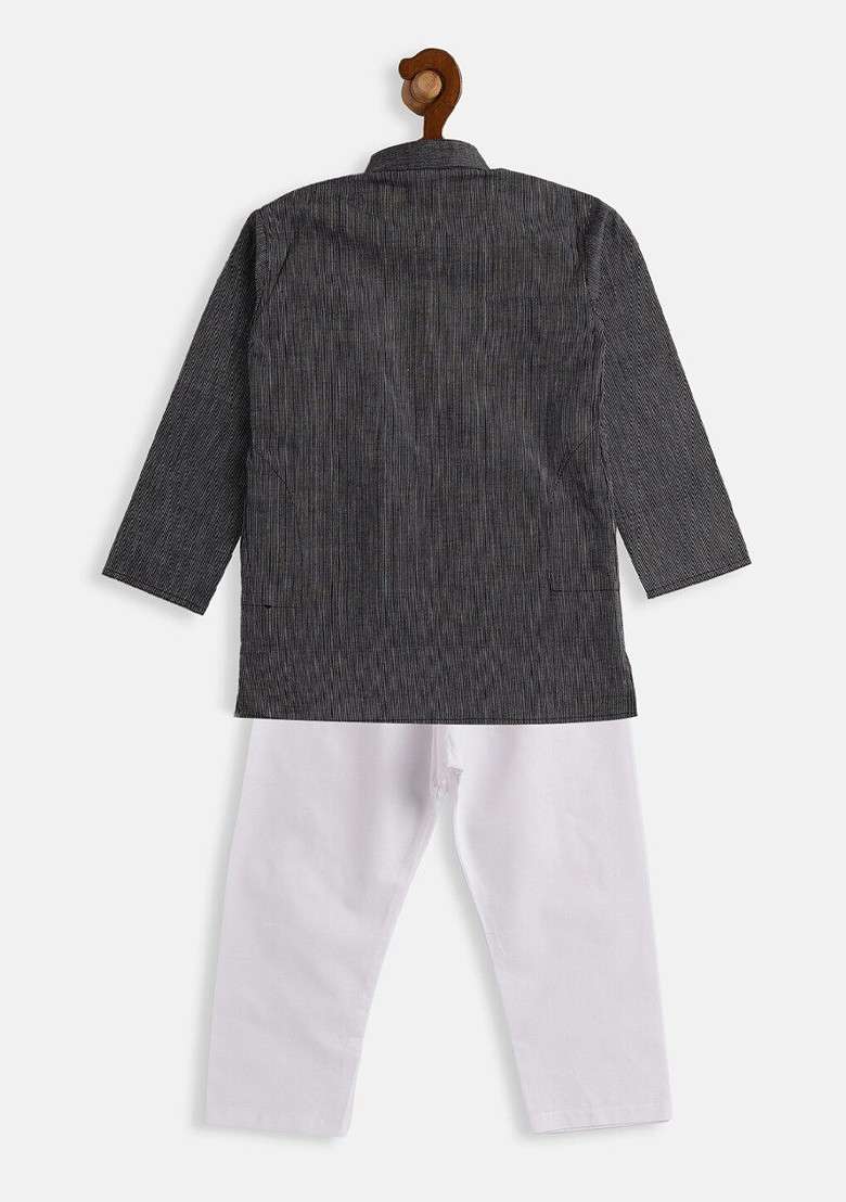 Black Embroidered Cotton Kurta Set For Boys - Indya