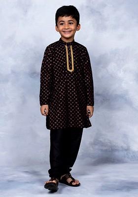 Black Printed Blended Kurta Set For Boys