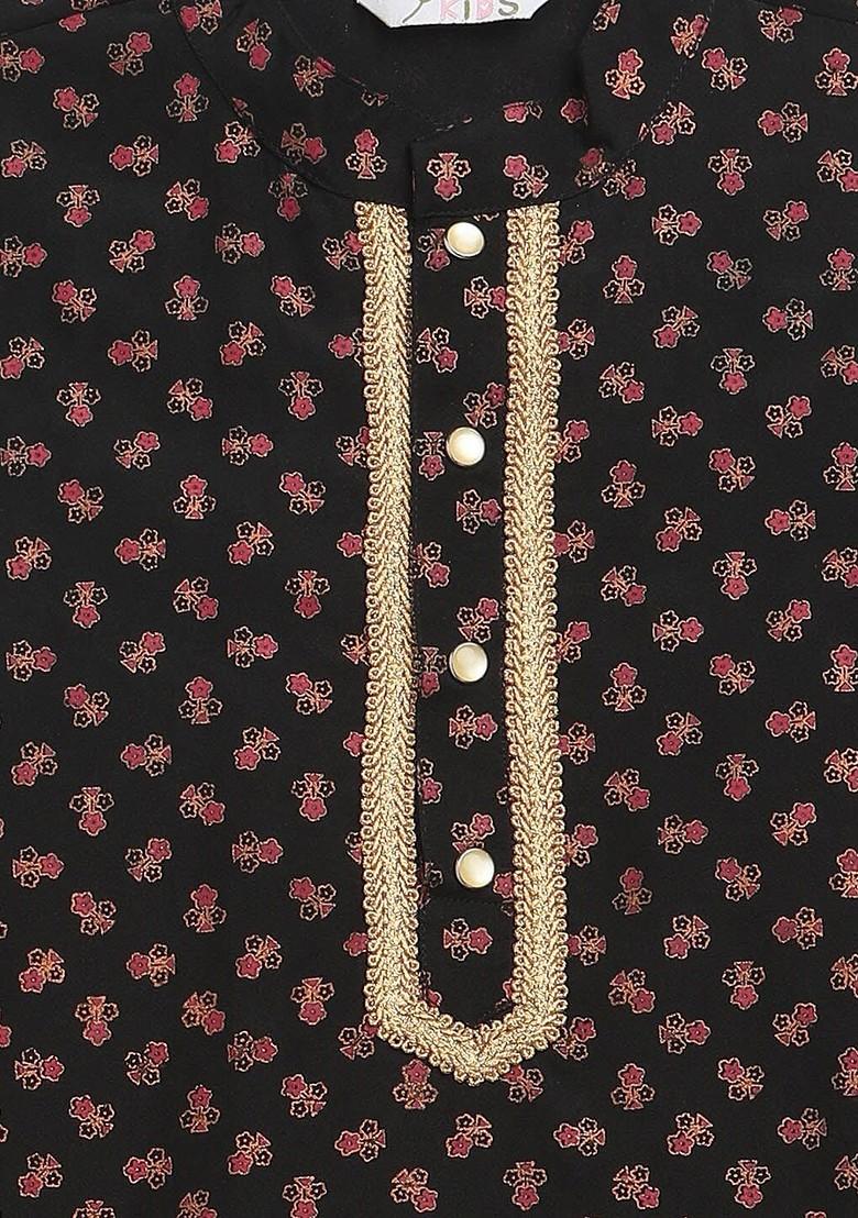 Black Printed Blended Kurta Set For Boys - Indya