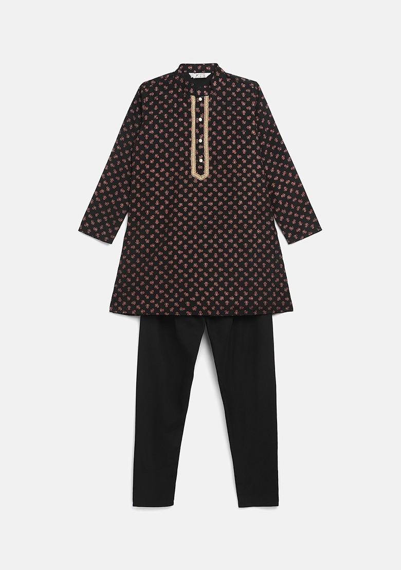 Black Printed Blended Kurta Set For Boys - Indya