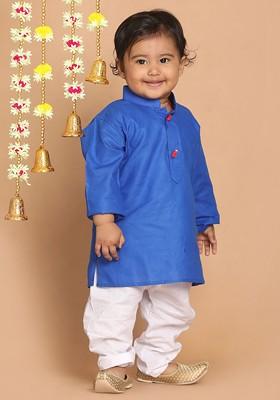 Blue Solid Cotton Kurta Set For Boys