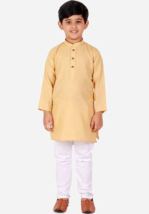 Beige Embroidered Blended Kurta Set For Boys