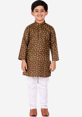 Green Printed Blended Kurta Set For Boys