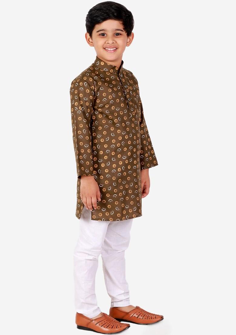 Green Printed Blended Kurta Set For Boys - Indya