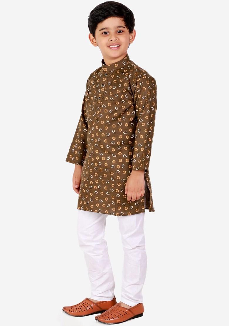 Green Printed Blended Kurta Set For Boys - Indya