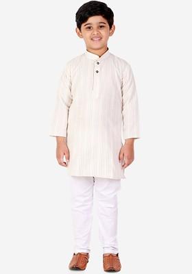 Cream Striped Blended Kurta Set For Boys