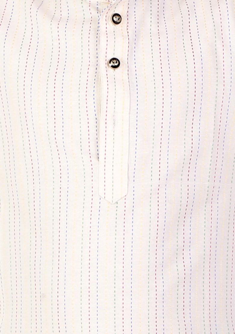 Cream Striped Blended Kurta Set For Boys - Indya