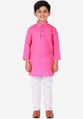 Pink Embroidered Blended Kurta Set For Boys