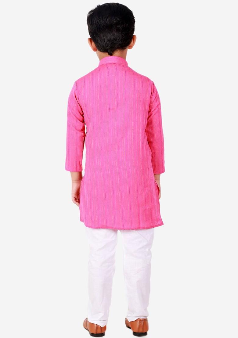 Pink Embroidered Blended Kurta Set For Boys - Indya
